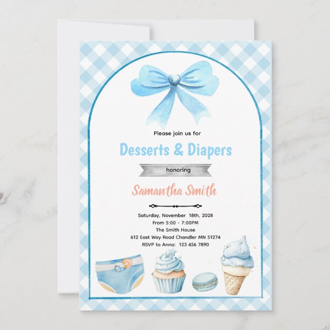 Blue Desserts and Diapers Baby shower Invitation (Front)