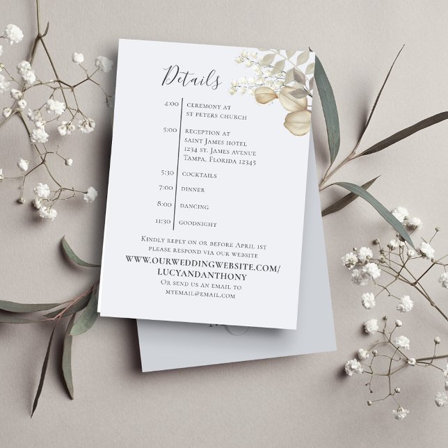Blue Details QR Code Floral Wedding Enclosure Card (Wedding details card with elegant foliage with a light blue background.)