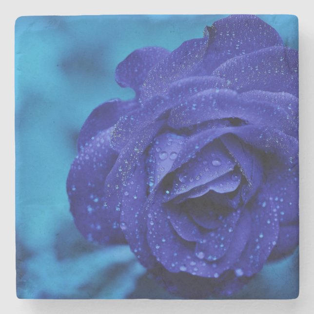 Blue Dewdrop Rose Stone Coaster (Front)