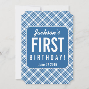 BLUE DIAGONAL PLAID 1st Birthday One Year Old B07N Invitation