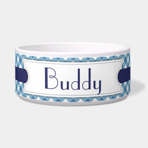 Blue Diagonal Plaid Personalised Pet Bowl