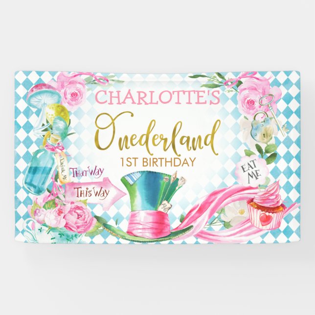 Blue Diamond Alice In Onederland Birthday Banner (Horizontal)
