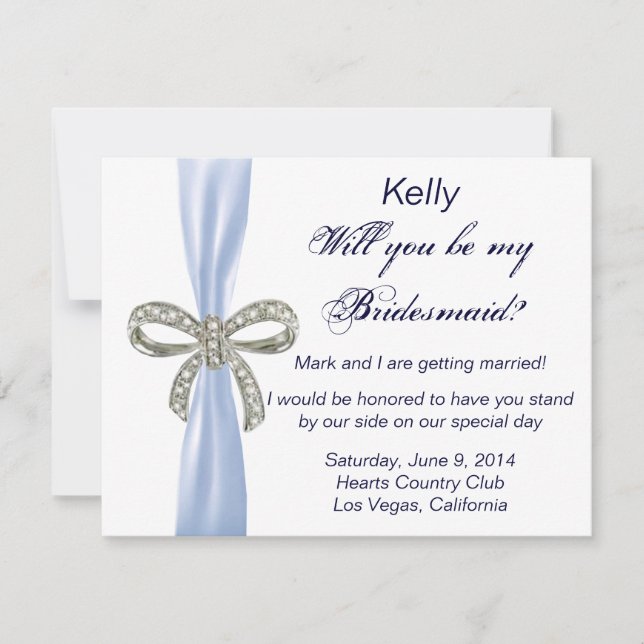 Blue Diamond Bow Wedding Bridesmaid Card (Front)