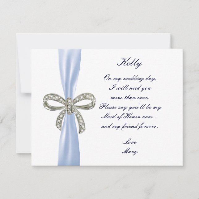 Blue Diamond Bow Wedding Maid Of Honour Card (Front)