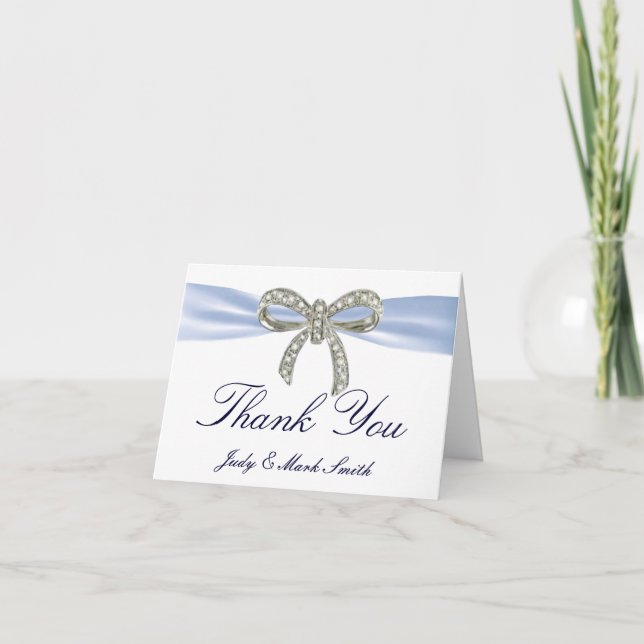 Blue Diamond Bow Wedding Thank You Card (Front)