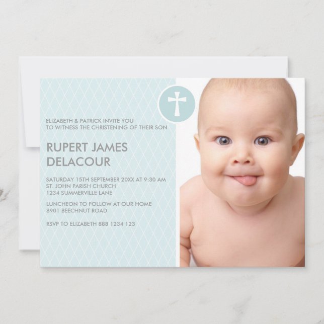 Blue Diamond Cross Photo Christening Invitation (Front)