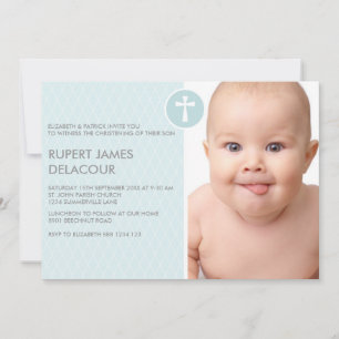 Blue Diamond Cross Photo Christening Invitation