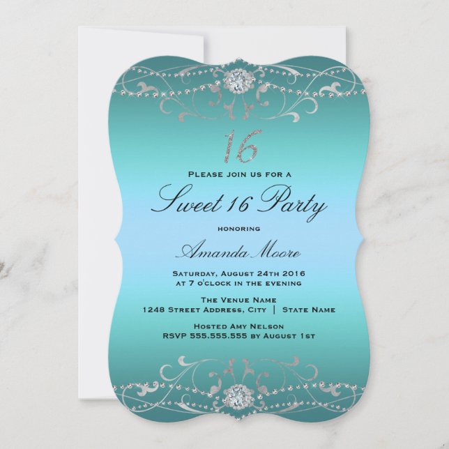 Blue Diamond Damask Sweet 16 Invitation (Front)