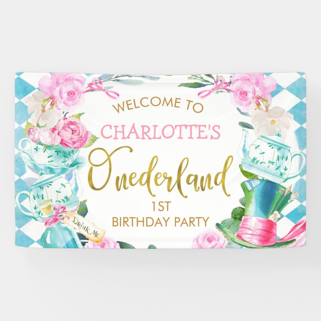 Blue Diamond Floral Alice In Onederland Birthday Banner (Horizontal)