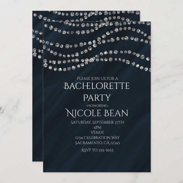 Blue & Diamond Glamour Bling Party Invitations (Front/Back)