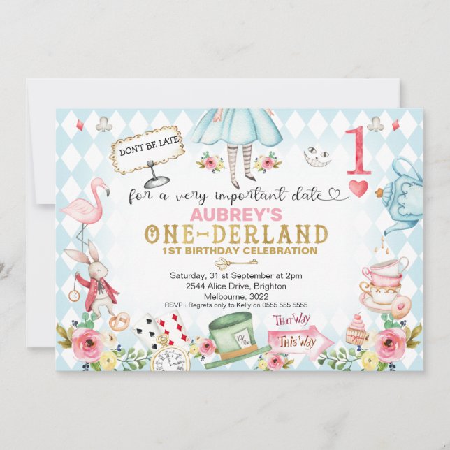 Blue Diamond Gold Alice One-derland 1st Birthday I Invitation (Front)