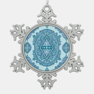 Blue Diamond Mandala | Ornate Turquoise & Lavender Snowflake Pewter Christmas Ornament