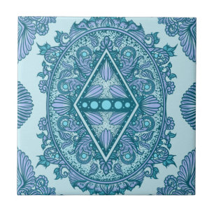 Blue Diamond Mandala   Ornate Turquoise & Lavender Tile