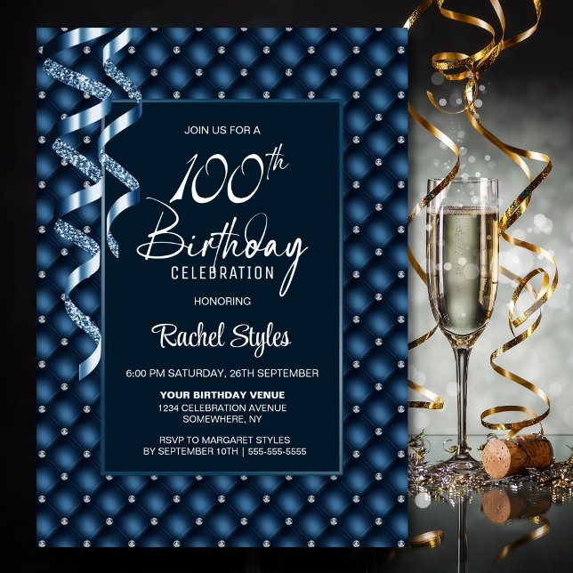 Blue Diamond Pattern 100th Birthday Party Invitation (Creator Uploaded)