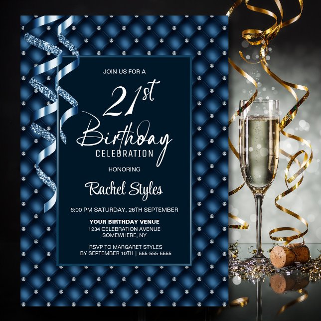 Blue Diamond Pattern 21st Birthday Party Invitation (Creator Uploaded)