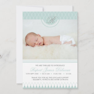 Blue Diamond Pattern Photo Birth Announcement
