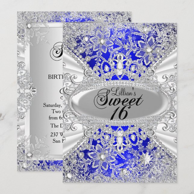 Blue Diamond Snowflake Winter Wonderland Sweet 16 Invitation (Front/Back)