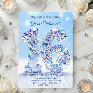 Blue Diamond Sparkle Glamorous Sweet 16 Birthday Invitation