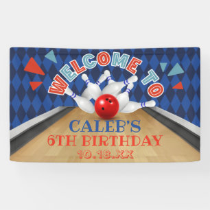 Blue Diamond Stripe Lets Strike Bowling Birthday Banner