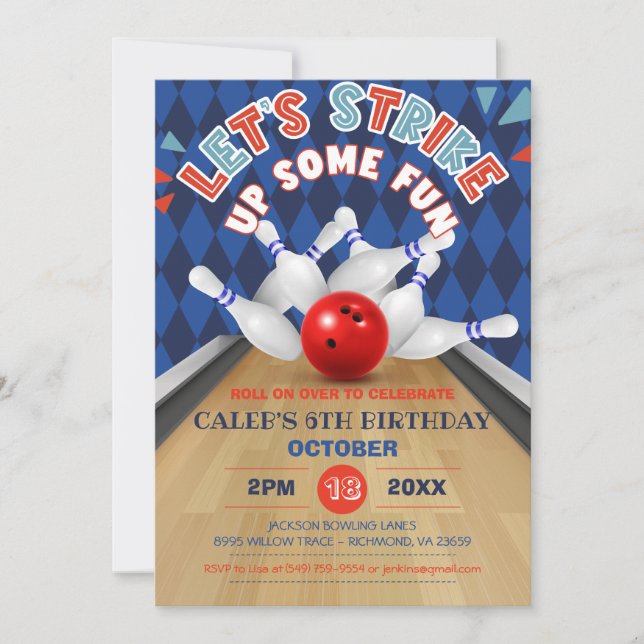 Blue Diamond Stripe Lets Strike Bowling Birthday Invitation (Front)