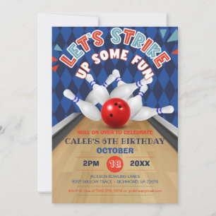 Blue Diamond Stripe Lets Strike Bowling Birthday Invitation