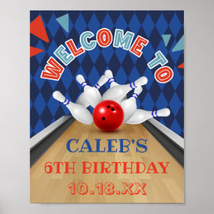 Blue Diamond Stripe Lets Strike Bowling Birthday Poster