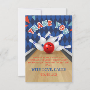 Blue Diamond Stripe Lets Strike Bowling Birthday Thank You Card