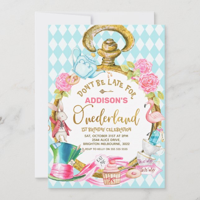 Blue Diamond Watch Alice In Onederland Birthday Invitation (Front)