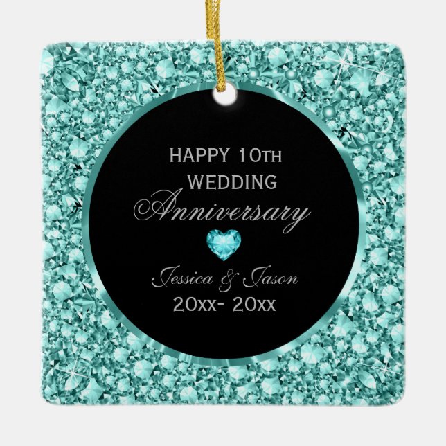 Blue Diamonds And Black Damask 10th Anniversary Ceramic Ornament (Front)