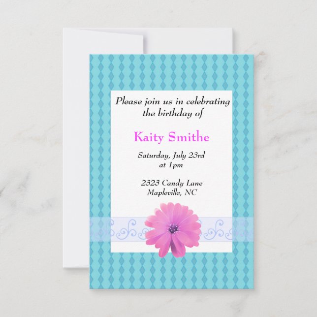 Blue Diamonds and Floral Birthday Invitation (Front)
