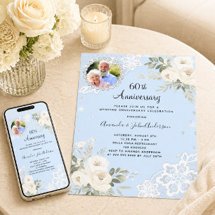 Blue diamonds florals 60th wedding anniversary invitation
