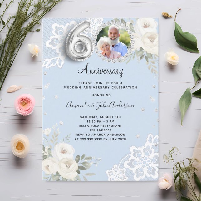 Blue diamonds florals 60th wedding anniversary invitation (Creator Uploaded)