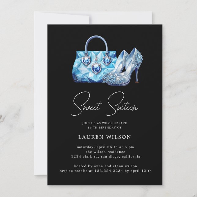 blue diamonds glitter sweet sixteen birthday invitation (Front)