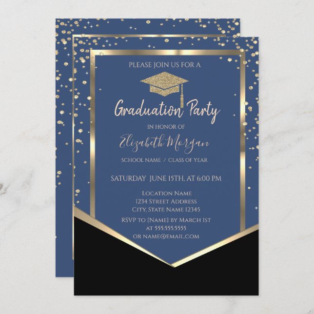 Blue,Diamonds Gold Graduation Cap Graduation Invitation (Front/Back)