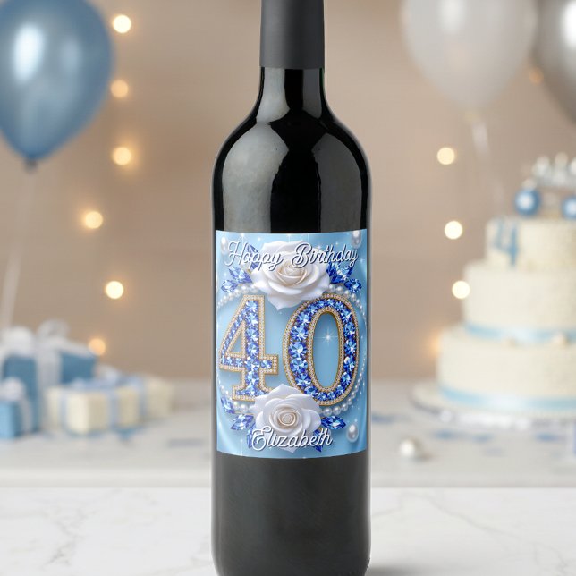 Blue Diamonds Pearls and White Rose 40th Birthday  Wine Label (Creator Uploaded)