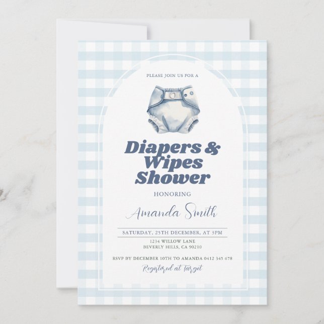 Blue Diapers and Wipes Baby Shower Blue Gingham Invitation (Front)