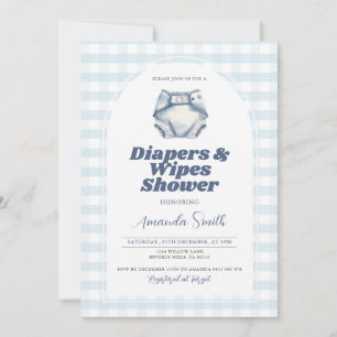 Blue Diapers and Wipes Baby Shower Blue Gingham Invitation