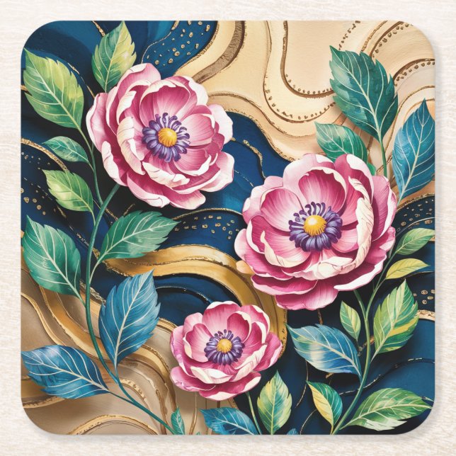 Blue Digital Art Pink Peonies Coaster Set (Front)