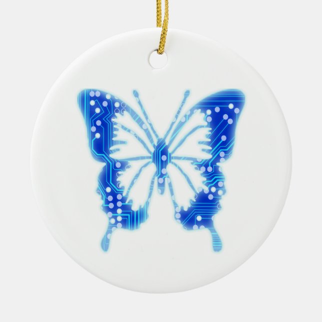 Blue Digital Butterfly, customise background  Ceramic Tree Decoration (Front)