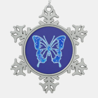 Blue Digital Butterfly, customise background Snowflake Pewter Christmas Ornament