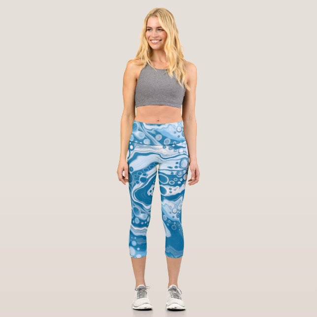  Blue Digital Fluid Art Marble Pour Painting Cells Capri Leggings (Front)