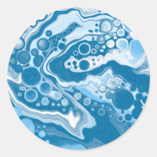 Blue Digital Fluid Art Marble Pour Painting Cells Classic Round Sticker