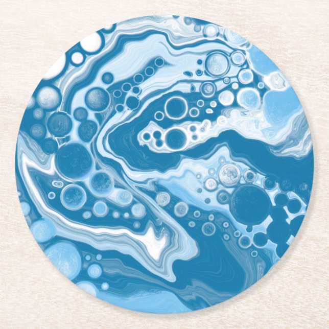  Blue Digital Fluid Art Marble Pour Painting Cells Round Paper Coaster (Front)