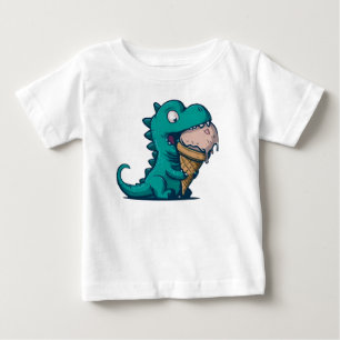 Blue Dino Loves Ice Cream - Funny Cartoon Art Baby T-Shirt
