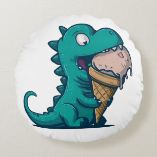 Blue Dino Loves Ice Cream - Funny Cartoon Art Round Cushion