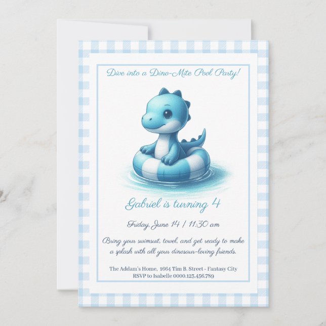 Blue Dino Pool Party – Birthday Invitation (Front)