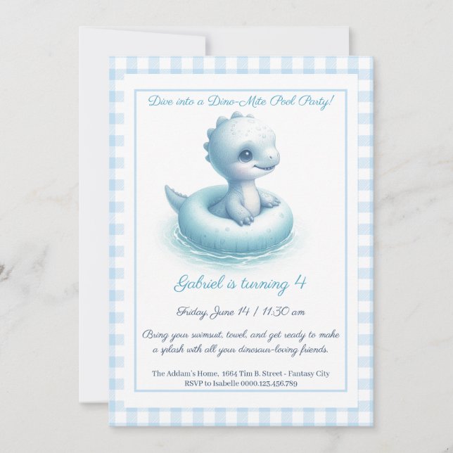 Blue Dino Pool Party – Birthday Invitation (Front)