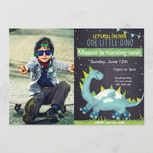 Blue Dino Skate Birthday invitation with Photo