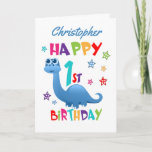 Blue Dinosaur 1st Birthday Card<br><div class="desc">A special 1st birthday card! This bright fun first birthday card features a blue dinosaur, some pretty stars and colourful text. A cute design for someone who will be one year old. Add the 1st birthday child's name to the front of the card to customise it for the special boy...</div>