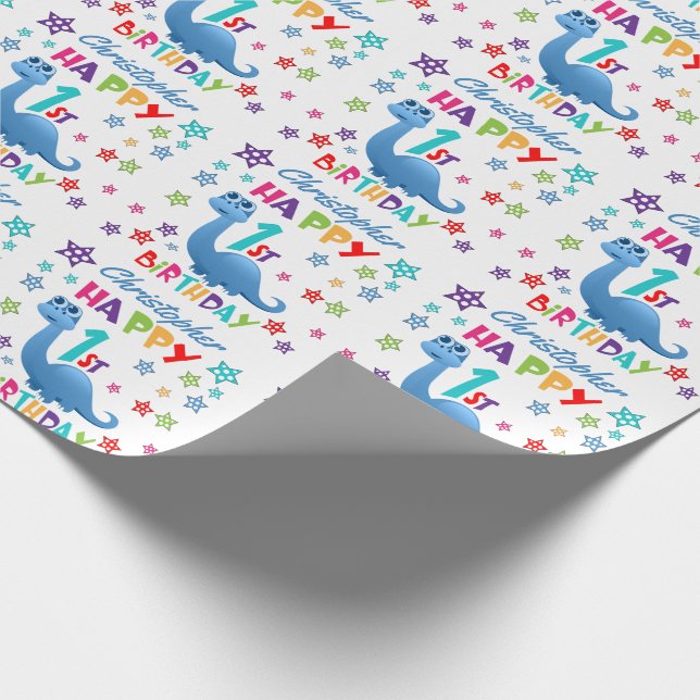 Blue Dinosaur 1st Birthday Wrapping Paper (Corner)